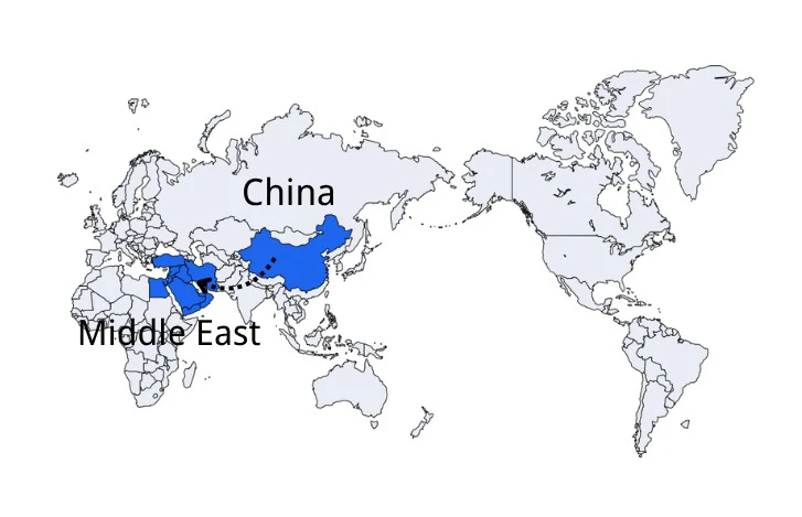 Shipping route from China to Middle East map