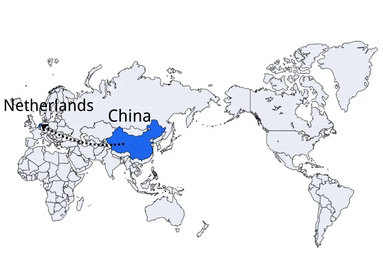 Shipping route from China to Netherlands map