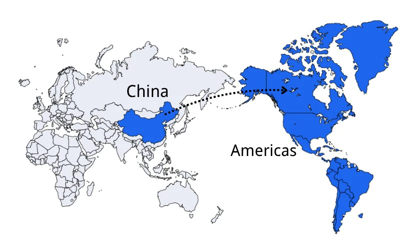 Shipping route from China to the Americas map