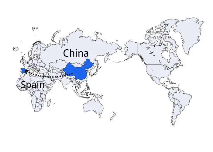 Shipping route from China to Spain map